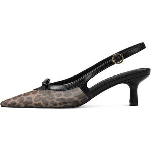 Women's Leopard Print Mesh Slingback Pointed Toe Ankle Strap Kitten Bow Pump